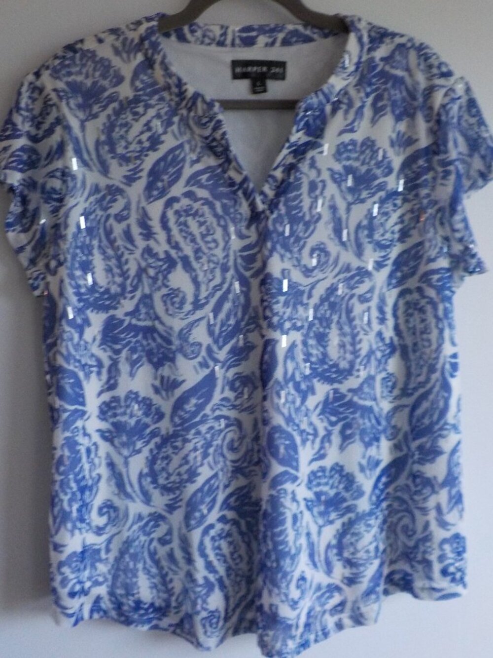 Harper 241 Blouse - Large - Blue White Silver Paisley Short Sleeve (852)
